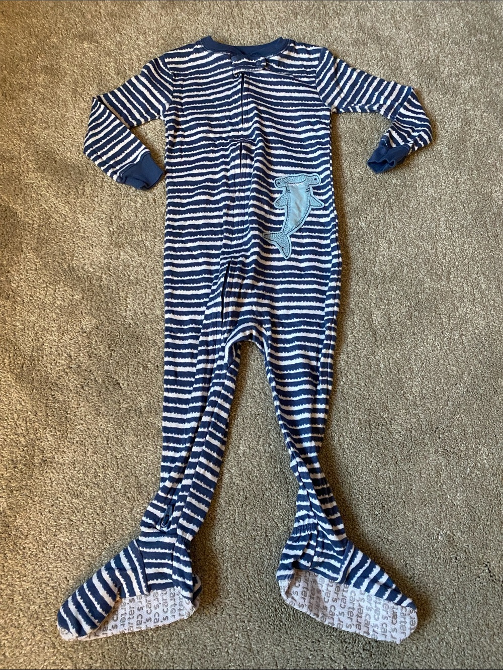 Carter’s 18 Month Navy Striped Kids One-Piece Footed Pajamas with Shark Patch